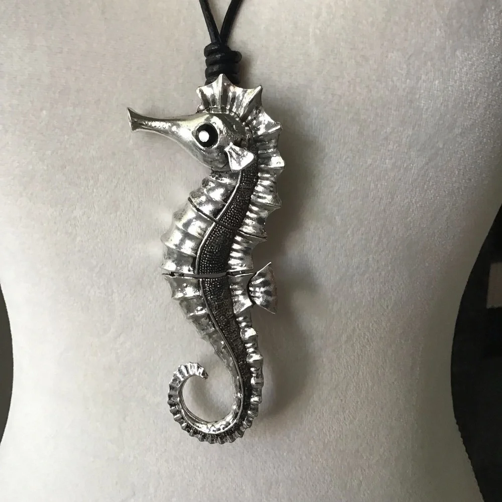 Seahorse Statement Necklace Black Cord Rhinestone Eye Reticulated Florida Beach
